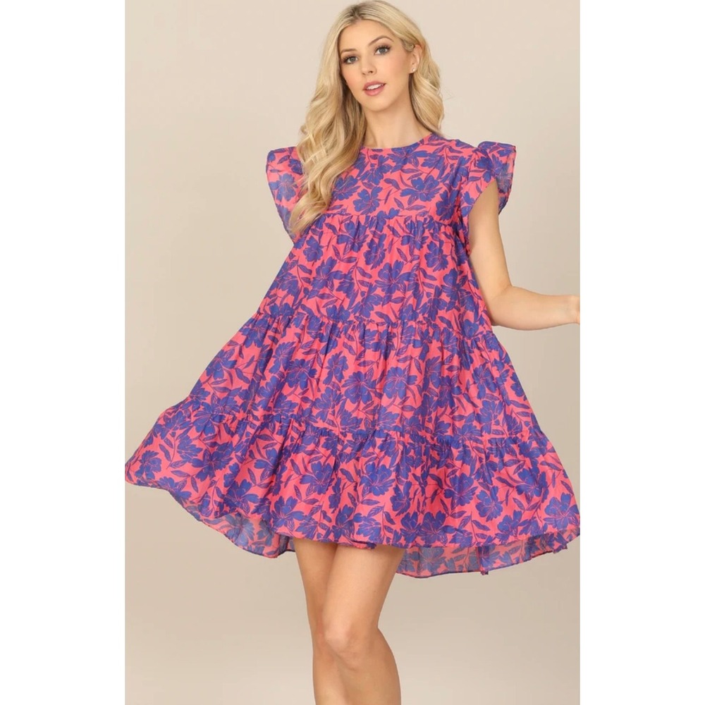 NWT Talulah Pink Purple Floral Tiered Babydoll Dress Flutter Sleeve Medium